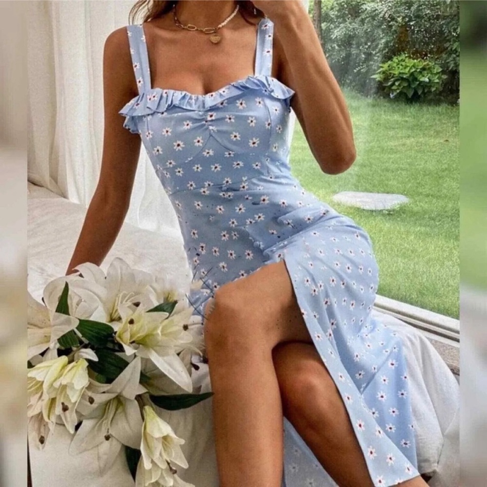Zara blue floral linen midi dress